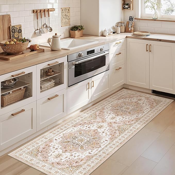 Madane Washable Runner Rug - 2x6 Rug Runners for Hallways 6 Feet Non Slip Vintage Kitchen Runner Rug Ultra-Thin Bathroom Runner Rugs Carpet Laundry Room Bedroom (2x6ft, Pink)