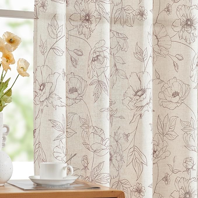 jinchan Floral Linen Curtains for Living Room 96 Inch Length Brown Flower Curtain Rod Pocket Back Tab Farmhouse Curtains with Printed Floral Bedroom Window Curtain Set, 2 Panels Brown