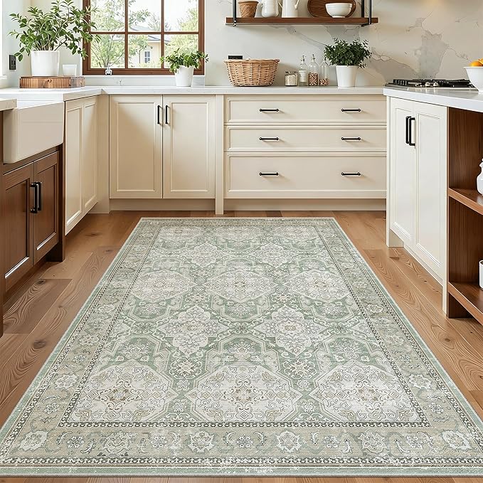3x5 Rug, Small Area Rug for Kitchen, Entryway, Machine Washable Non-Slip Throw Rug, Vintage Carpet for Nursery Coffee Table Green/Brown