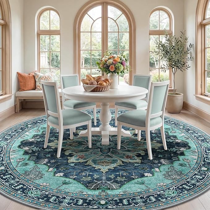 RELEANY Area Rugs 8ft Washable Non-Slip, Floral Vintage Distress Print Pattern Medallion Carpet for Living Room Bedroom Dining Room, Teal Green Lake Blue Turquoise