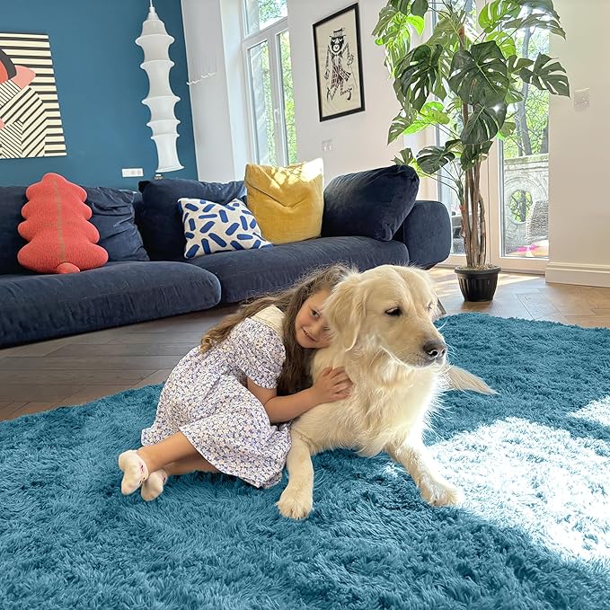 OLANLY Area Rugs for Living Room Bedroom, Machine Washable 4x5.9 ft Soft Fluffy Shaggy Bedside Rug, Indoor Floor Carpet for Kids Girls and Boys, Dorms, Nursery Rooms, Home Decor Aesthetic, Slate Blue