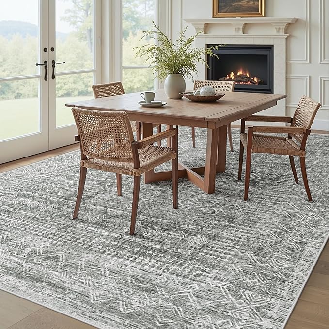 Living Room Rugs 8x10: Washable Moroccan Geometric Boho Rug Farmhouse Non Slip Stain Resistant Large Rug Low Pile Soft Carpet for Bedroom Dining Room Children Room (Grey,8'x10')