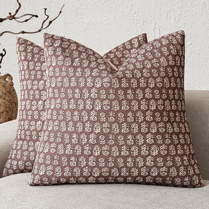 Foindtower Set of 2 Decorative Vintage Floral Print Throw Pillow Covers Neutral Modern Farmhouse Cushion Covers Boho Home Decor for Sofa Chair Couch Bedroom Living Room,18×18 Inch,Wine Red