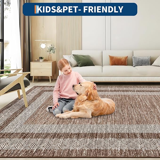 GarveeHome Washable Runner Rug 2x6 Modern Hallway Rug Non Slip Entryway Runner, Geometric Bordered Printed Carpets, Low Pile Thin Foldable Floor Mats, Soft Non Shedding for Kitchen Laundry, Brown