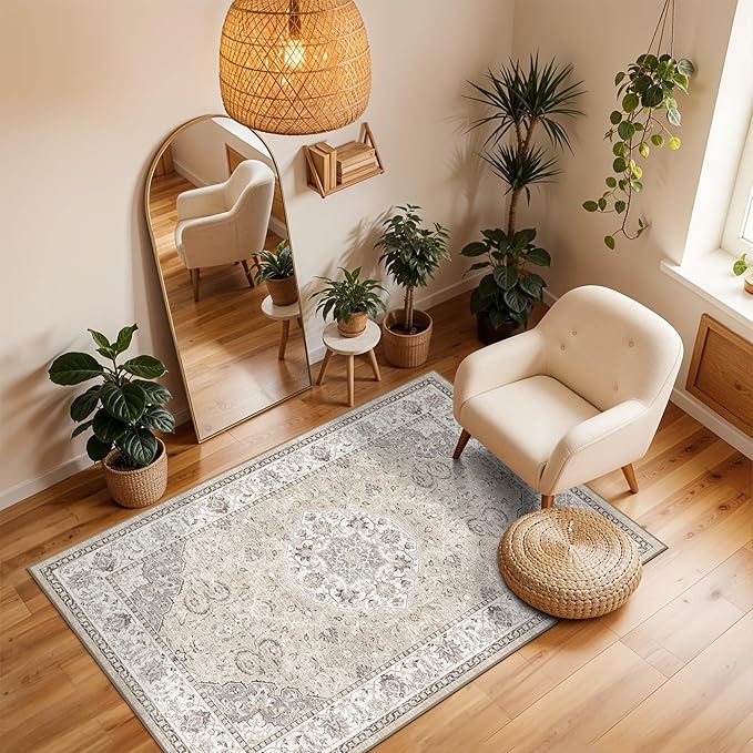 Washable Hallway 3x4 Floor Mats: Farmhouse Non-Slip Kitchen Sink Area Rug Water-Resistant Small Carpet for Living Room Bathroom Thin Soft Doormat Easy-Clean Decorative Rug for Pets Family(3x4,Beige)