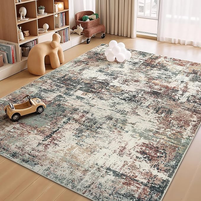 Rugflix 5x7 Area Rugs for Living Room, Washable Large Rug Stain-Resistant Low Pile, Modern Carpet for Dining Room Home Office Kid Room Nursery Bedroom, Rust