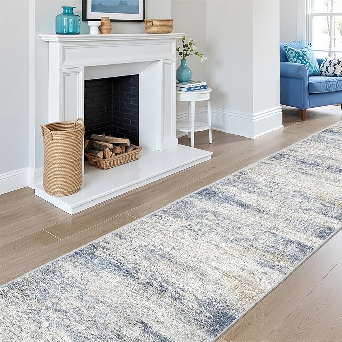 Long Hallway Runner Rug- Carpet Runners for Hallway 12ft, Anti Slip Backing Washable Rug Runner for Entrance, Living Room, Soft Low Pile Modern Rug Runner(2'x12', Blue/Brown/Ivory)
