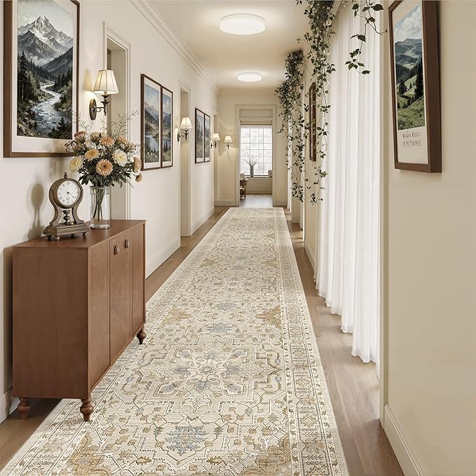 Madane Hallway Runner Rug 3x18 - Kitchen Rugs 18ft Washable Entryway Rug Vintage Kitchen Runners Non Slip Indoor Area Rug Farmhouse Carpet Runner for Bathroom Living Room Bedroom, Beige/Blue