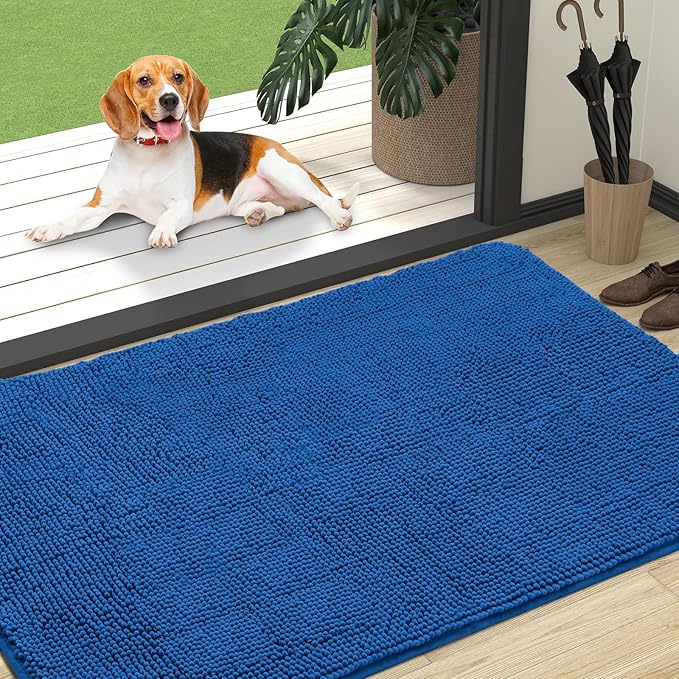 OLANLY Dog Door Mat for Muddy Paws 47x32, Absorbs Moisture and Dirt, Absorbent Non-Slip Washable Doormat, Quick Dry Chenille Mud Mat, Entry Indoor Entryway Carpet for Inside Floor, Deep Navy Blue