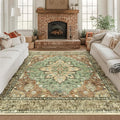 Area Rugs Square 8ft Washable Non-Slip, Floral Vintage Distress Print Pattern Medallion Carpet for Living Room Bedroom Dining Room, Brick Red Rust Neutral Brown Burnt Orange Green