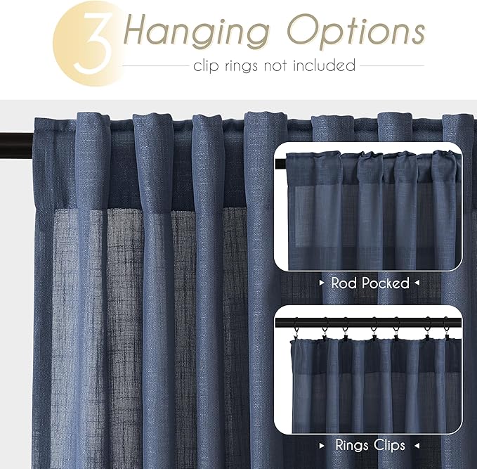 Navy Blue Curtains 105 inch Length for Bedroom Back Tab Light Filtering Semi Sheer Blue Living Room Curtains Linen Cotton Textured Indigo Blue Drapery Panel Modern Farmhouse Aesthetic Decor Dark Blue