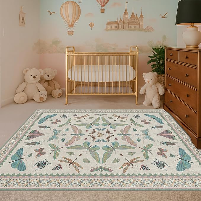 Hazo Haus Green and Blue Nursery Rug 5x8 - Washable Soft Area Rugs for Bedroom Under Bed, Living Room, Vintage Floral Butterfly Fun Indoor Floor Decor