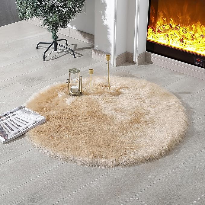 linmopm Faux Fur Rug Sheepskin Shag Fluffy Fuzzy Beige 3x3 ft Rugs for Bedroom Bedside Bed Floor Living Room Plush Round High-Density Cushion Carpet Super Sofa Cover