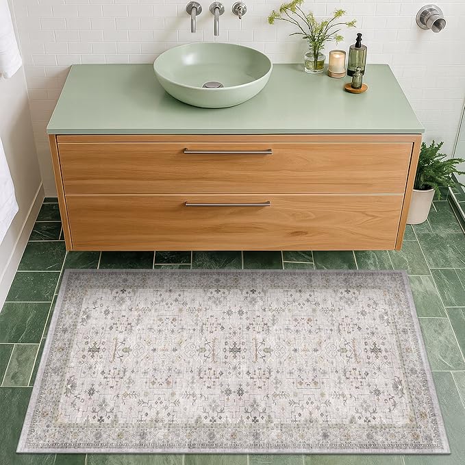 Light Grey Boho Bathroom Rug 2x4 - Modern Vintage Eclectic Floral Pastel Neutral Taupe, Washable Low Pile Non-Slip Small Throw Area Rugs for Entryway Door Mat Indoor Entrance, Kitchen