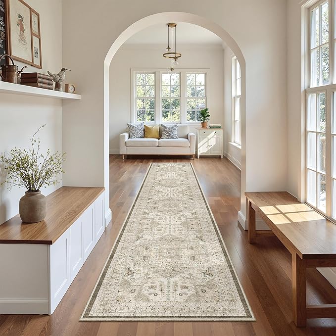Madane Runner Rugs for Hallway 2x12 Extra Long Washable Non-Slip Hallway Runner Rug Low-Pile Stair Kitchen Throw Carpet Runner for Entrance Living Dining Laundry Room Rug (Ivory/Brown, 2'x12')