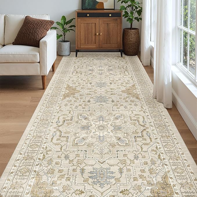 Madane 4x10 Wide Hallway Runner Rug: Washable Soft Rug Runners for Living Room Bedroom, Stain Resistant Low Pile Area Rugs Non Slip Floor Carpet for Ktichen (Beige/Blue, 4x10)