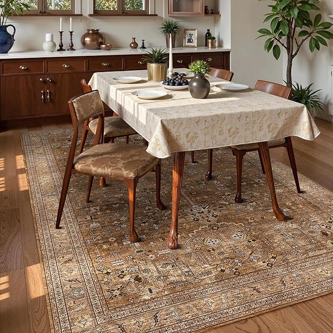 Washable Area Rug 9' x 12' Vintage Traditional Persian Mat - Foldable Distressed Non-Slip Machine Washable Carpet for Living Room Bedroom Kitchen Home Decor - Bronze and Ivory