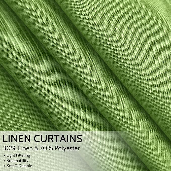 Lime Green Linen Curtains 90 Inch Long 2 Panels Set for Bedroom Living Room, Soft Linen Textured Window Drapes Semi Sheer Light Filtering Rod Pocket Back Tab Morden Style 52x90