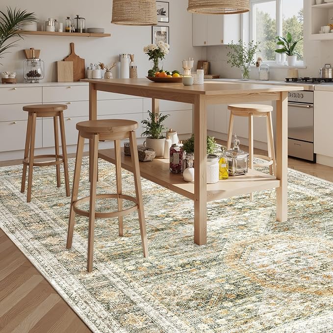 Soalmost Washable Area Rug 8x10, Large Soft Rugs for Living Room Vintage 8x10 Area Rugs for Bedroom Dining Room Non-Slip Stain Resistant Under Table Green Orange Rug