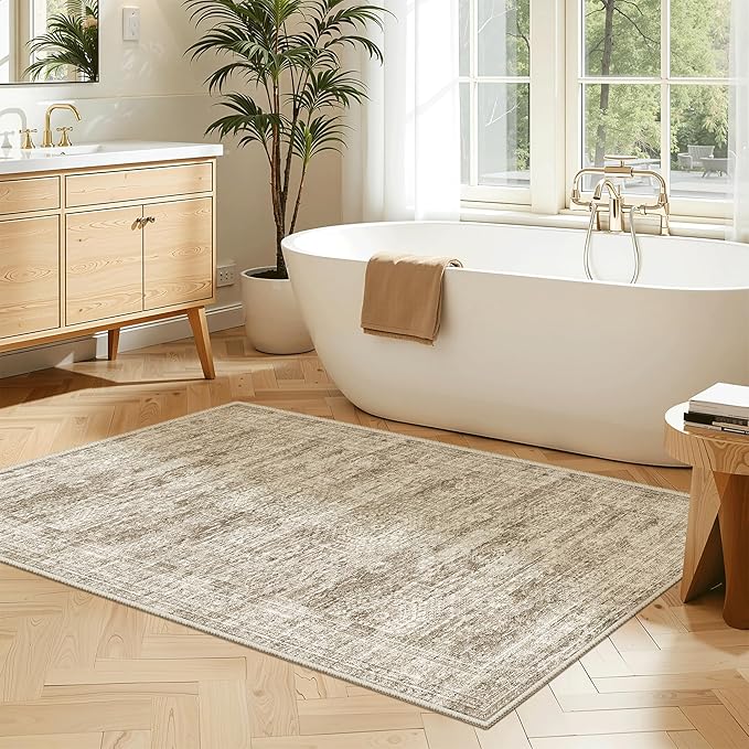3x4 Rug, Small Area Rug for Kitchen, Entryway, Machine Washable Non-Slip Throw Rug, Vintage Carpet for Nursery Coffee Table Brown