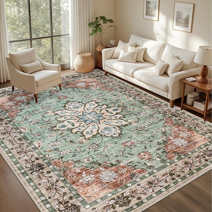 Area Rugs 9x12 Living Room Rug: Washable Rug Soft Vintage Distressed Floral Carpet Indoor Non-Slip Stain Resistant Large Carpets for Bedroom Dining Room Farmhouse Nursery Home Office Brown Green