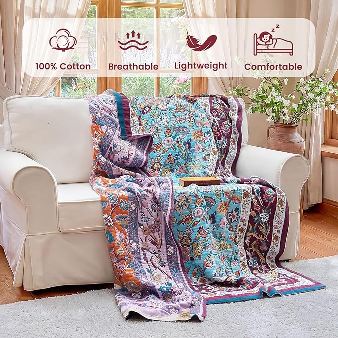 MSGKV Boho Throw Blanket for Bed 60"x80" 100% Cotton Couch Twin Size Floral Bird Blanket Spring Breathable Lightweigh Muslin Home Decorative Blankets