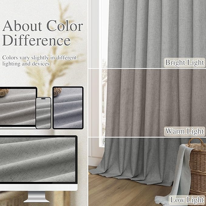 Guken 100% Blackout Linen Curtains 80 Inch Length 2 Panels Set for Living Room Bedroom Back Tab Thermal Insulated Black Out Linen Drapes Room Darkening Window Curtains,Dark Grey