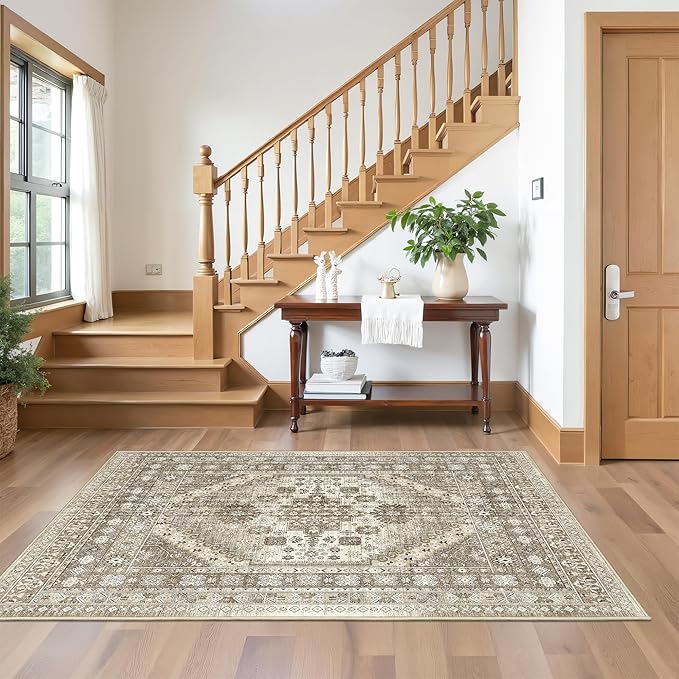 3x5 Washable Area Rug for Entryway, Kitchen Rugs Non Slip for Dining Room, Vintage Floral Soft Living Room Rug, Thin Area Rug Indoor for Bedroom, Kids Room Decor(Brown,3'x5')