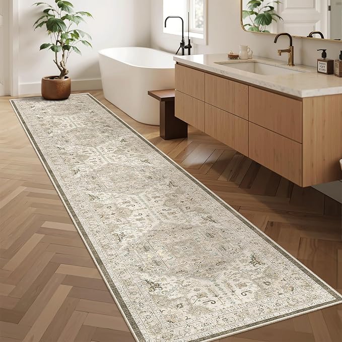 Madane Hallway Washable Runner Rug - 2x10 Kitchen Rugs Entryway Rug Runner Vintage Soft Floor Mat Non Slip Indoor Farmhouse Carpet for Bathroom Living Room Bedroom (2 X 10, Ivory/Brown)