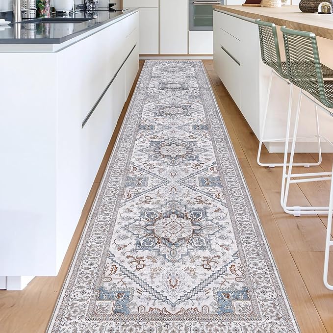 OPPODREAM Soft Entryway Rug 2x12, 2x12 Rug Runner, Neutral Washable Hallways Carpet 2 x 12 with Non Slip Backing, Low-Pile Bedside Carpet 2 x 12, Long, Faux Cashmere, Cream White & Blue & Light Brown