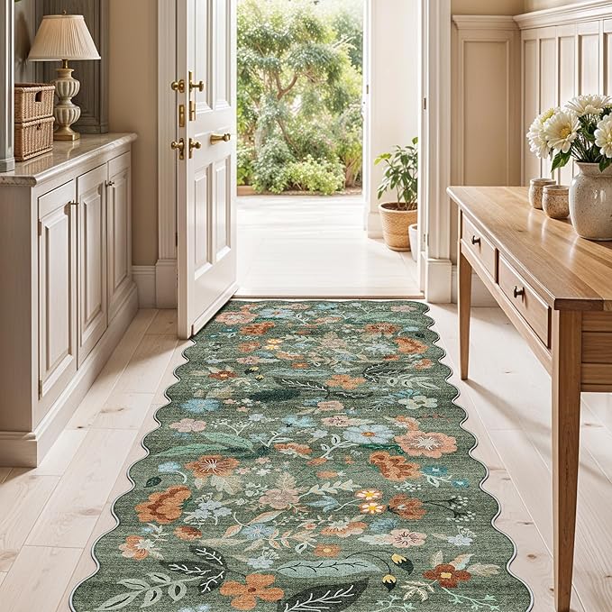 2x5 Washable Kitchen Area Rug: Floral Scalloped Entryway Runner Farmhouse Non-Slip Floor Carpet for Hallway Bathroom Soft Comfort Tile/Hardwood Floors Protection Mat Cute Home Decor(2x5, Floral/Green)