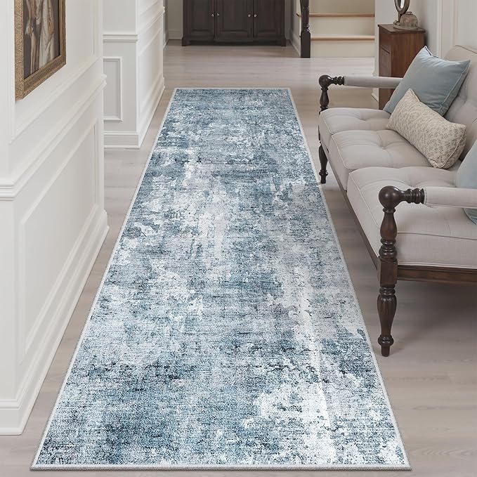 Runner Rug 3x8 Washable Non-Slip Hallway Runner Rugs for Kitchen Bathroom Laundry Room Blue/Grey Vintage Floor Carpet Runners for Hallways Entryway