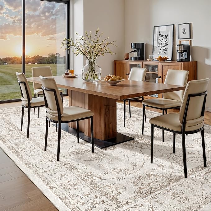 Madane 9x12 Area Rugs for Living Room, Machine Washable Rug with Non-Slip Backing, Soft Vintage Large Area Rug, Floral Print Floor Carpet for Bedroom Dining Room (9 x 12, Brown/Ivory)
