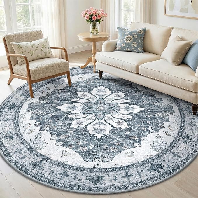 Area Rugs 6ft Washable Non-Slip, Floral Vintage Distress Print Pattern Medallion Carpet for Living Room Bedroom Dining Room, Light Gray Grey White