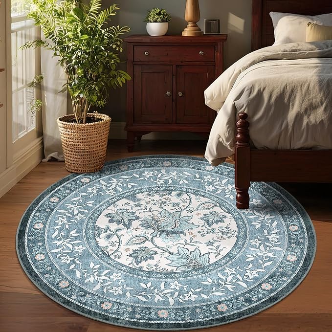 GarveeHome Misty Blue Botanical Grove 5ft Round Rug, Small Circle Vintage Cottagecore Soft Low-Pile Non-Slip Washable Rugs for Living Room Bedroom Nursery Kitchen Retro Carpet