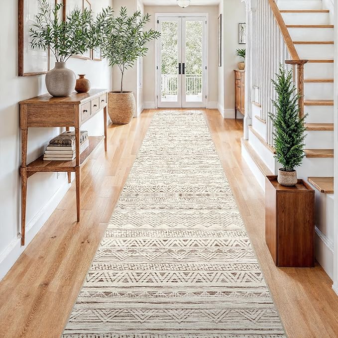 3x15 Washable Kitchen Runner Rug: Modern Moroccan Runners for Hallway Soft Non Slip Rugs with Rubber Backing Low Pile Thin Waterproof Floor Carpet for Entryway Bedroom Bathroom Indoor 3x15 Beige