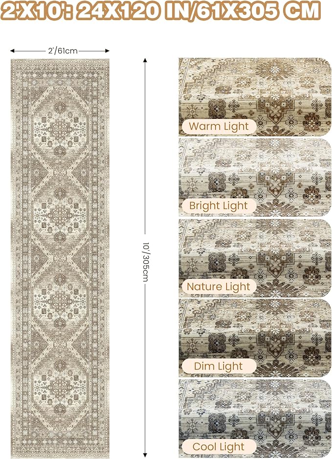 Runner Rug 2x10, Ultra-Thin Kitchen Rugs Non Slip Washable Rugs for Entryway Rug, Kitchen Runner Low Pile Vintage Soft Carpets for Living Room, Bathroom Bedroom (Brown,2'x10')
