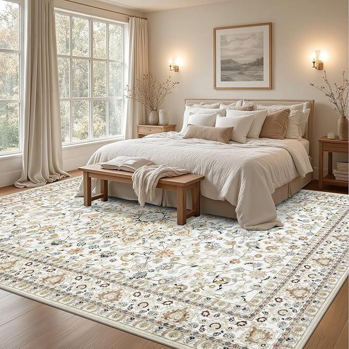 Area Rugs 9x12 Living Room Rug: Washable Rug Soft Vintage Boho Carpet Indoor Floor Non-Slip Stain Resistant Large Carpets for Bedroom Dining Room Farmhouse Nursery Home Office Beige