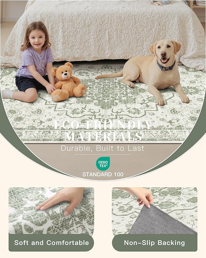 Madane 8x10 Area Rugs for Living Room, Machine Washable Vintage Green Rug with Non-Slip Backing, Soft Throw Large Rug, Thin Carpet for Bedroom Dining Room Farmhouse Under Table, Green/Ivory