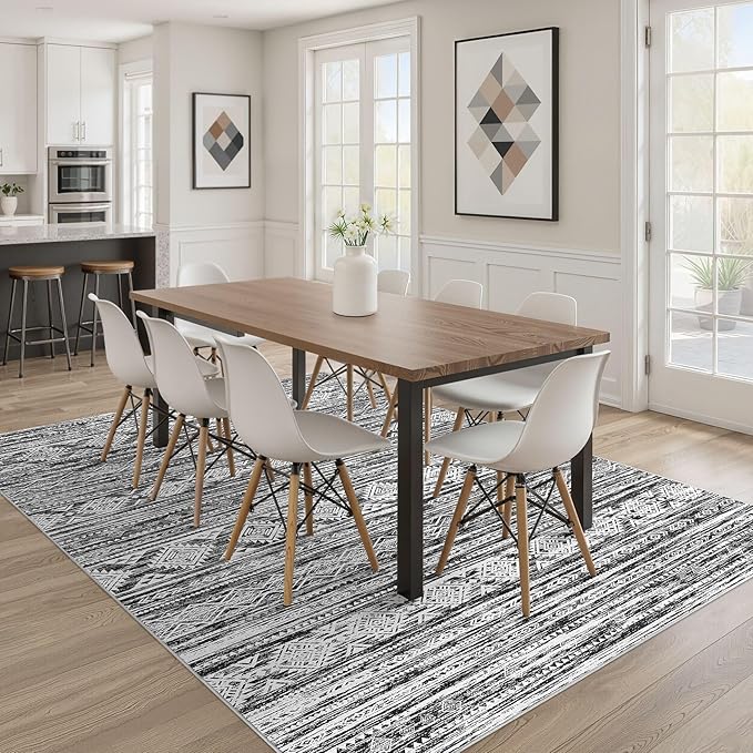 Nakagishi 9x12 Area Rugs Living Room: Washable Large Neutral Soft Rug Stain Resistant Non-Slip Carpet for Men Modern Home Enthusiasts Aged 25-45 - High Traffic Areas - Bedroom Office - Black White