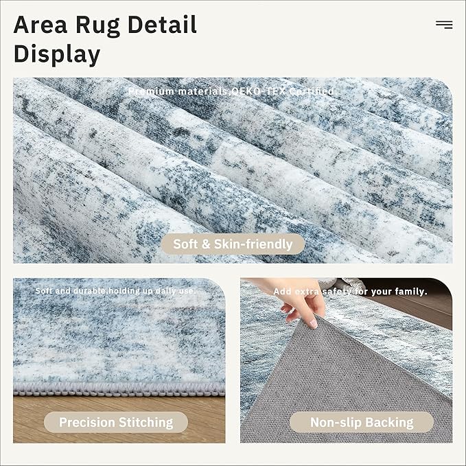 12x15 Washable Area Rug Blue/Grey Neutral Abstract Living Room Large Carpet Non Slip Bedroom Indoor Office Dining Room Low Pile Thin Rug