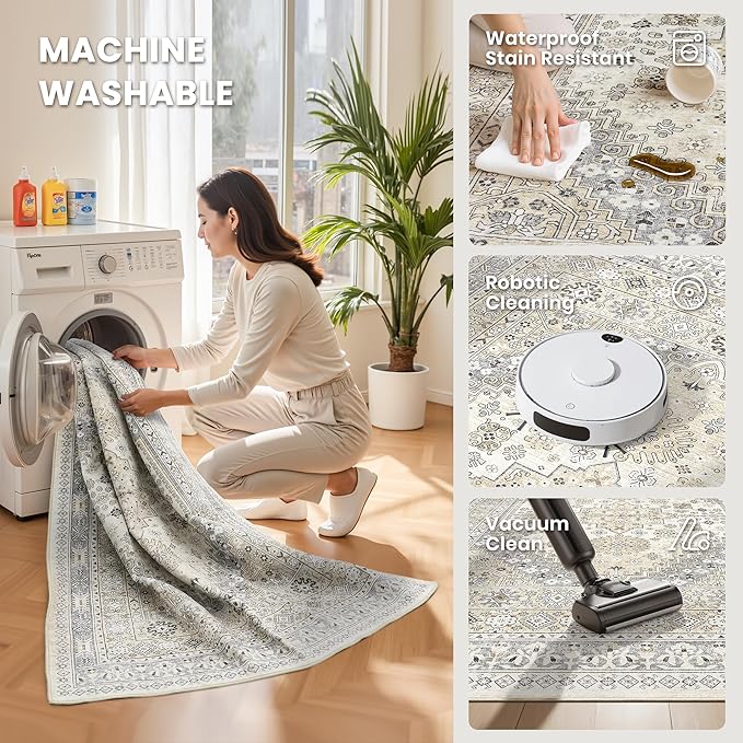 zesthome 7x9 Area Rug, Super Soft Washable Rugs for Living Room, Non-Slip Stain Resistant Vintage Rugs, Ultra-Thin Large Area Rugs (Beige,7'x9')