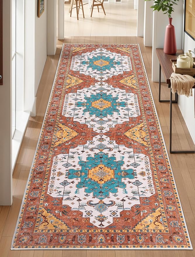 SERISSA Boho Washable Runner Rug, 2'6"x8' Non-Slip Vintage Orange Hallway Kitchen Runner Rug Ultra Soft Print Distressed Floor Carpet for Bedroom Bathroom Laundry Living Room