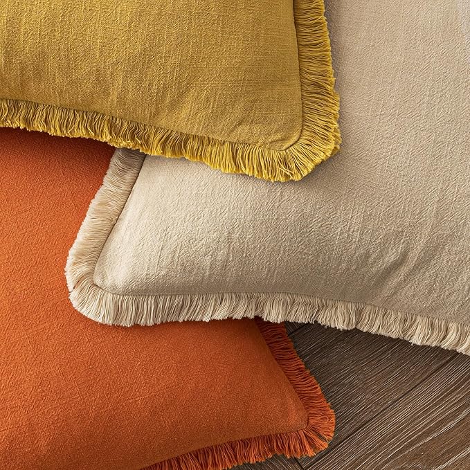 MIULEE Decorative Throw Pillow Covers Neutral Linen Fringe Throw Pillows Set of 2 Orange Boho Farmhouse Cushion Covers with Tassels for Couch Sofa Bed Living Room Spring Home Decor 18x18 Inch