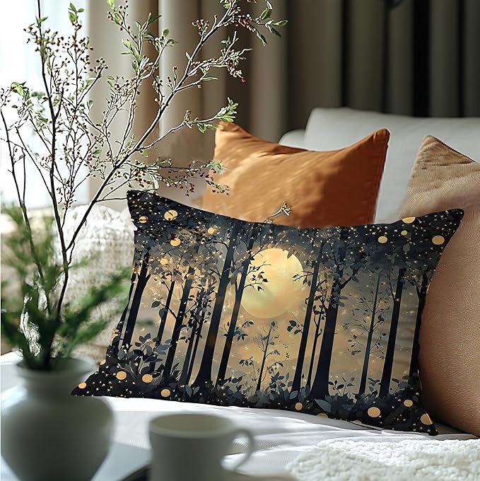 Rustic Night Moon William Morris Inspired Forest Gold Pillow Covers 18x18,Vintage Black and Gold Botanical Nature Landscape Decorative Throw Pillow Covers for Home Bedroom Living Room