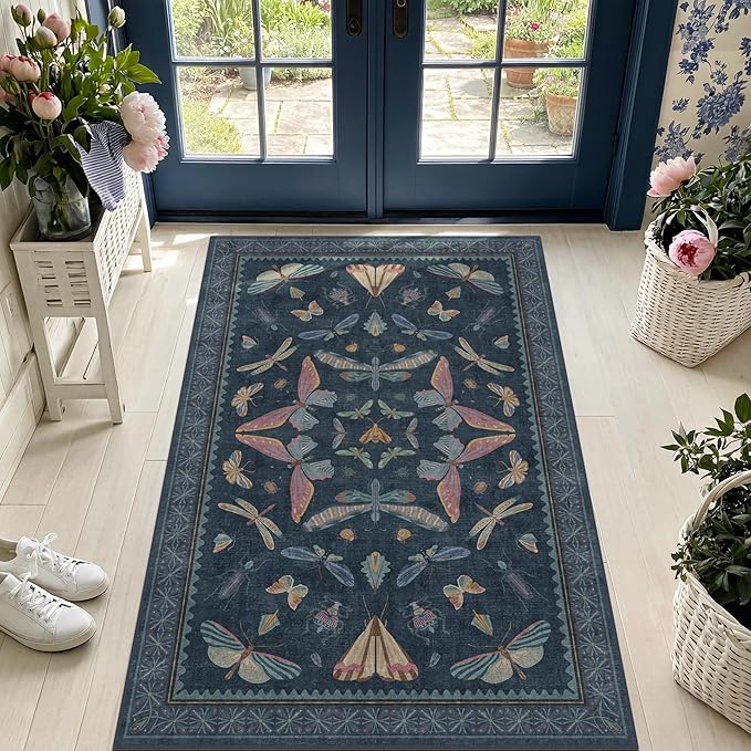 Washable 3x5 Indoor Rugs for Entryway, Non Slip Vintage Area Rug for Kitchen Floor, Laundry Room, Blue Bedroom Carpet with Insect Pattern, Dark Boho Décor Indoor, Stain Resistant Mat