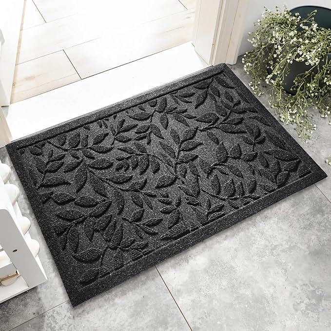 Black Leaves Outdoor Indoor Entrance Doormats, Absorbent Durable Heavy Duty Welcome Front Door Mat,Thick Natural Rubber Back,Easy Clean Entryway Mat 17x30 Inch, Low Profile