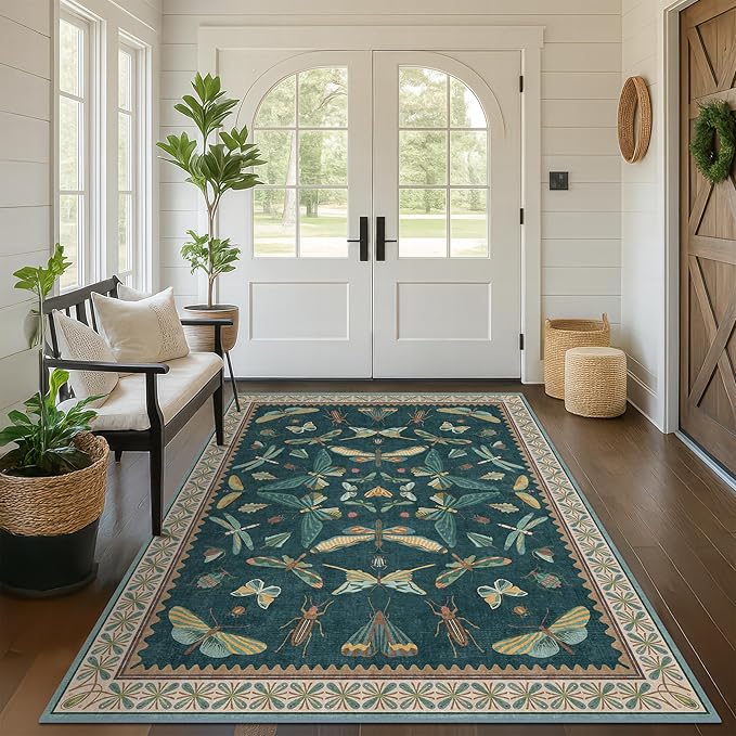 Hazo Haus Insect Blue Green Living Room Rug 5x8 - Washable Area Rug for Bedroom, Dining Room, Kids Playroom, Home Office, Boho Butterfly Non Slip Stan Resistant