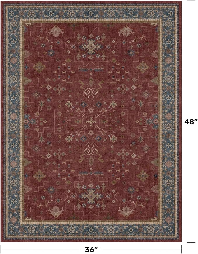 Washable 3x4 Rugs for Entryway - Burgundy Large Kitchen Rug, Non Slip Inside Door Mats for Home Entrance, Unique Bohemian Red Low Pile Thin Carpet for Bedroom Bedside, Foyer