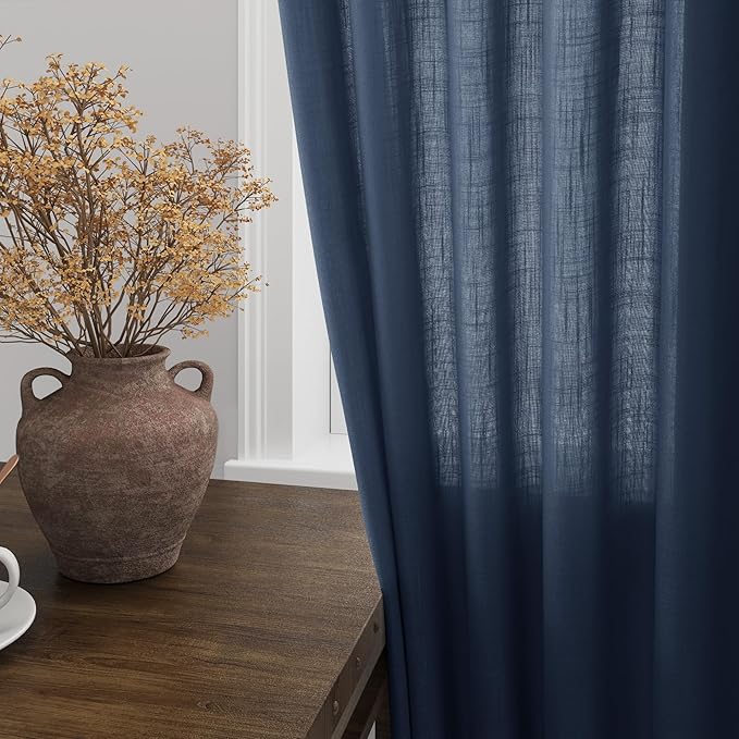 Denim Blue Linen Curtains 108 Inches Long for Living Room 2 Panels Set Extra Long Back Tab Curtain Semi Sheer Light Filtering Denim Blue Drapes Floor to Ceiling Curtains for Large Windows 52x108